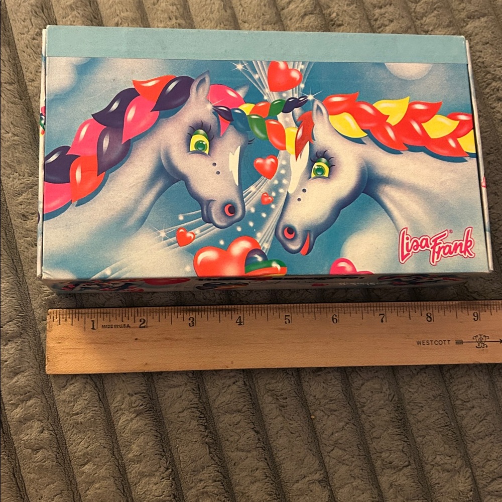 Lisa Frank Pencil Box Unicorn Rainbow Love Hearts Pencil Cardboard Box 1980s - Picture 2 of 10